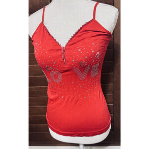 Vtg Mango Red Love Cami Tank Top studded Y2K 2000s sz Small Valentines Day